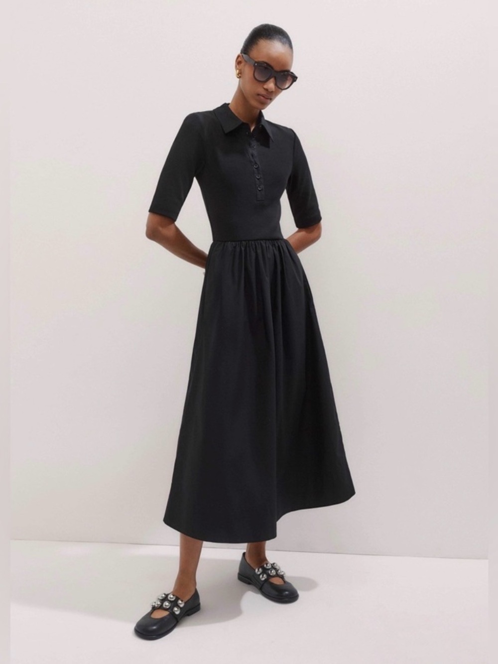 ME+EM Mixed Media Jersey Poplin Shirt Collar Maxi Dress in Black Sz US 4